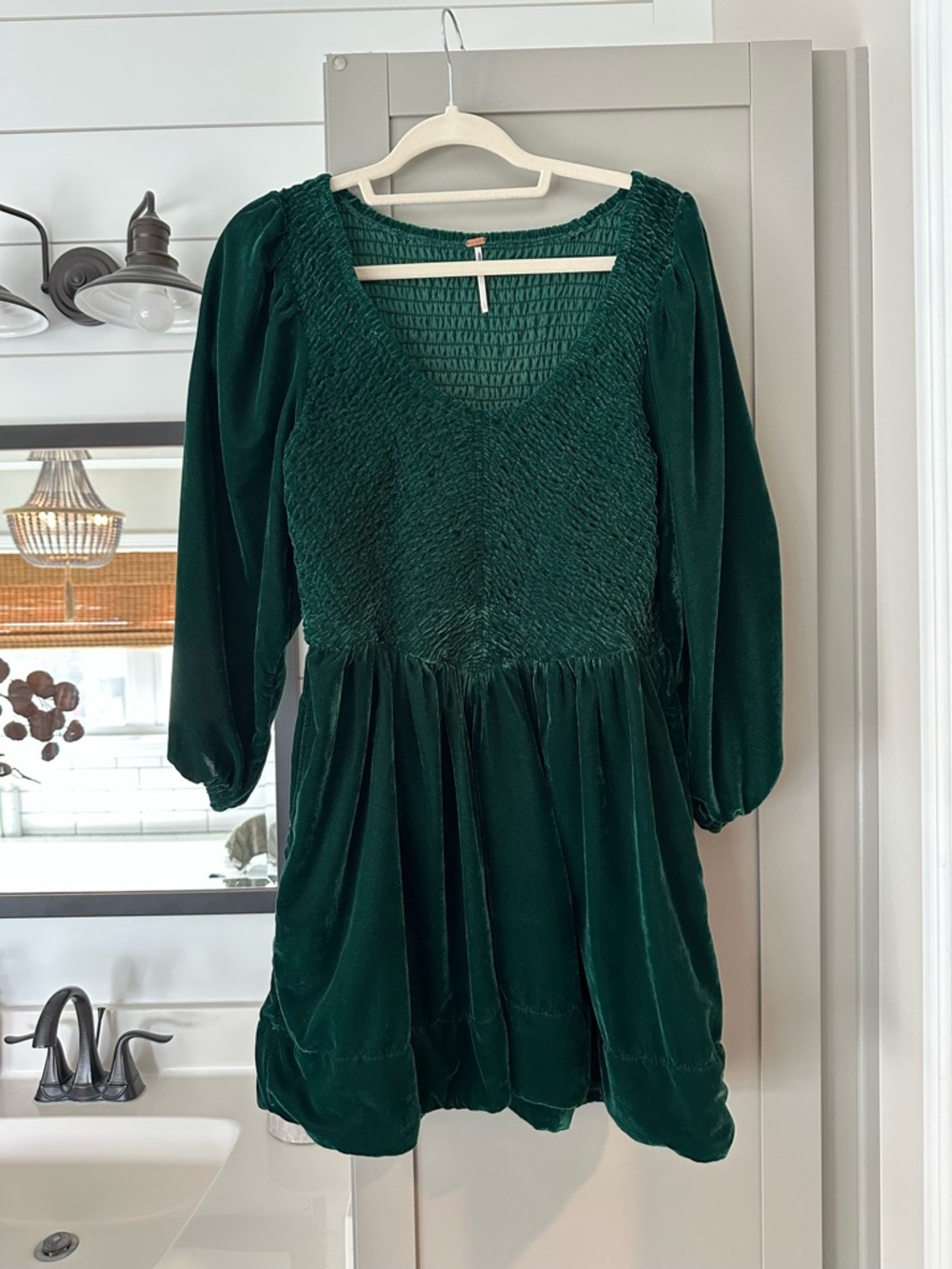 Free People Deep Green Velvet Smocked Mini Dress